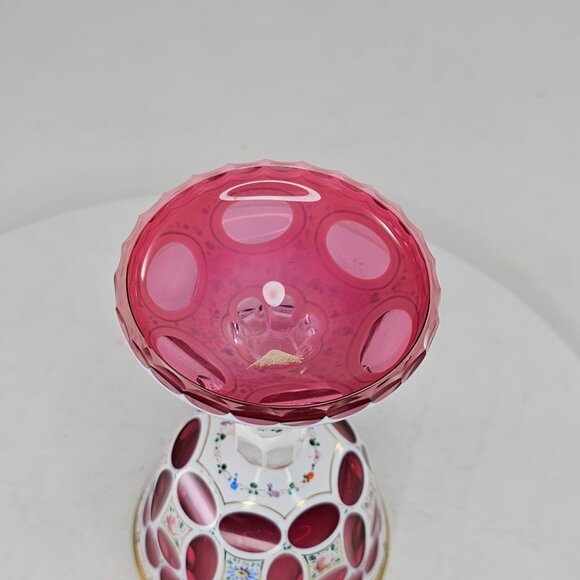 Harrach Bohemian Double Overlay Enamel Floral White Cranberry Wine Glass *FLAW - Picture 5 of 9